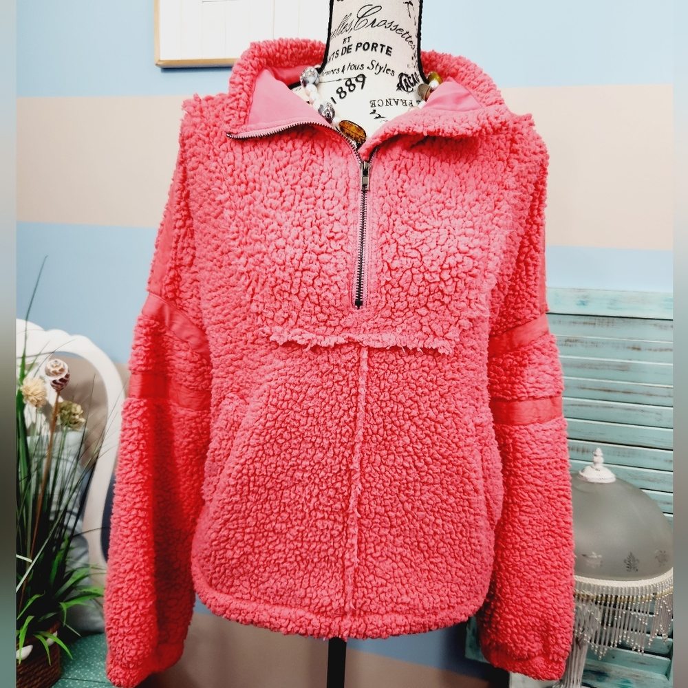Davi & Dani Oversized Neon Pink Solid Long Sleeve Half Zip-Up Jacket - Picture 3 of 9